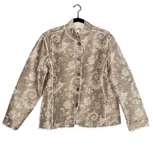 Chico’s Dark Beige Floral Damask Sherpa Lined Button Down Jacket